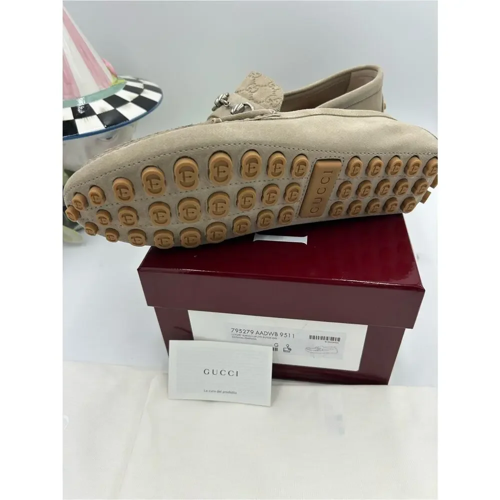 Men's Gucci suede oatmeal horse bit driver loafers size 9 fits 9.5US